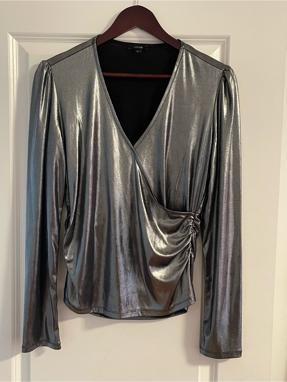 Joe's Jeans Metallic Silver Wrap-Front Long Sleeve Top